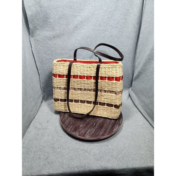 Woven Straw Tote Bag With Floral Accents & Red Lining - Picture 6 of 14